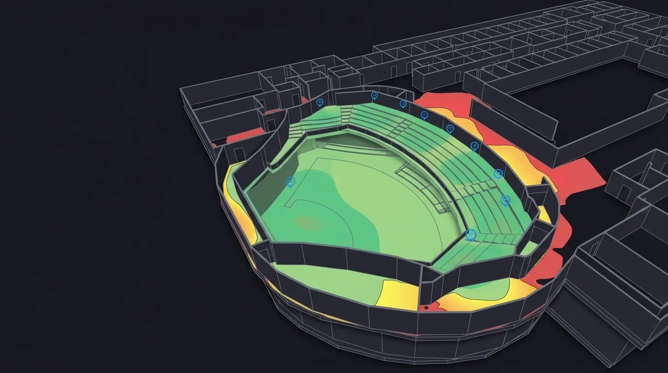 Predictive heatmap of a 1,000-seat university lecture hall showing access point coverage and capacity zones.