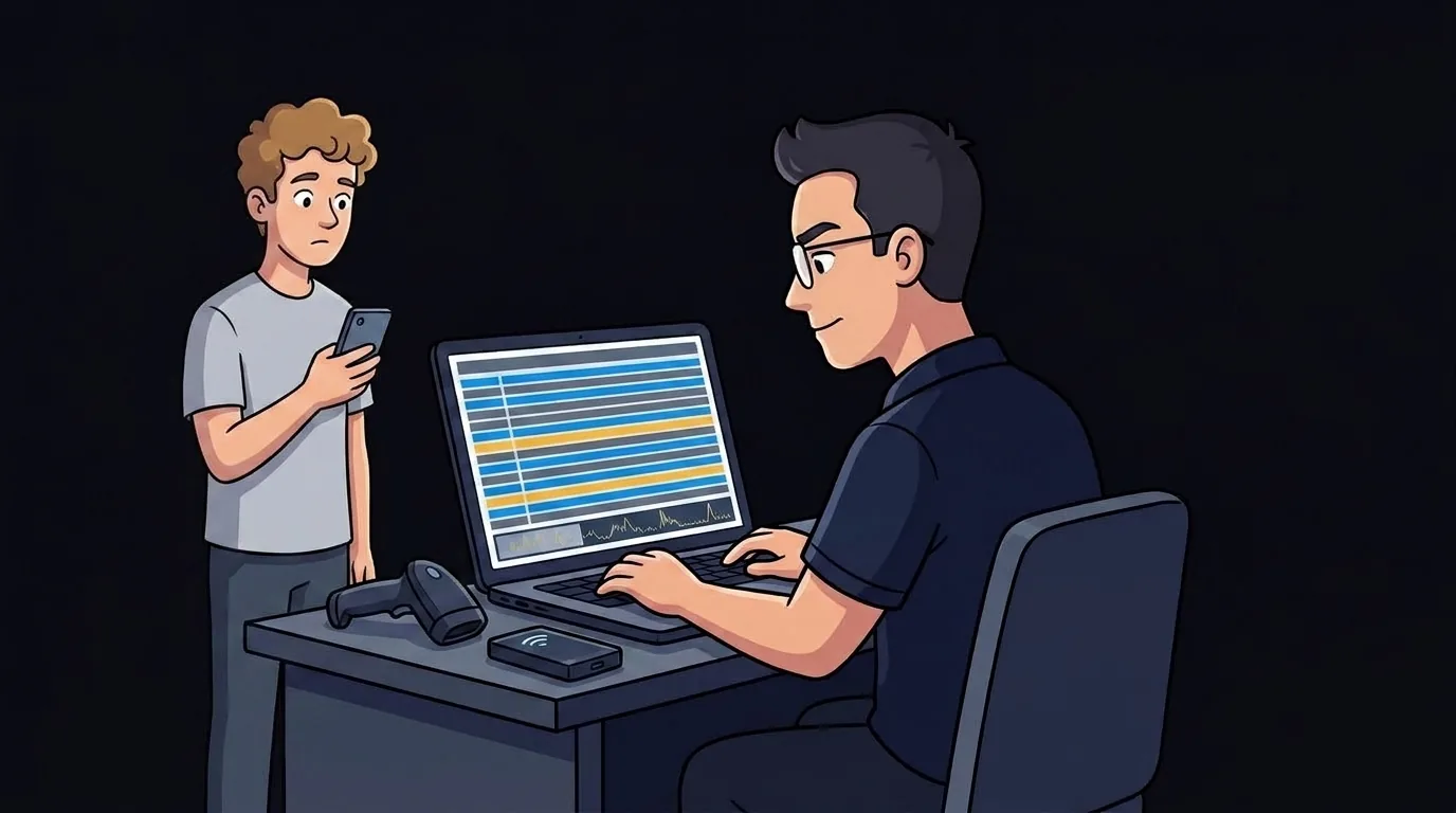 Engineer analysing a packet capture on a laptop while a user reports an issue
