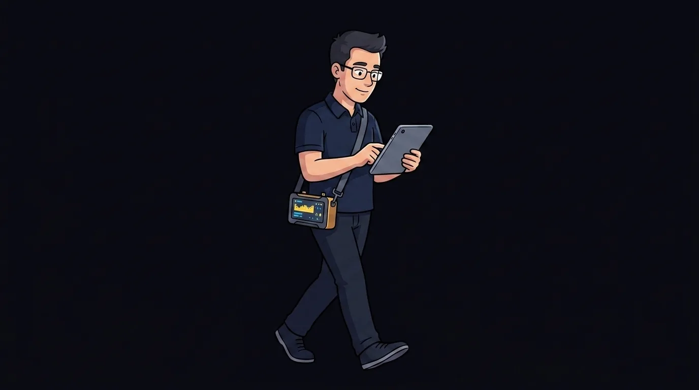 Engineer walking a site survey with a tablet and survey kit