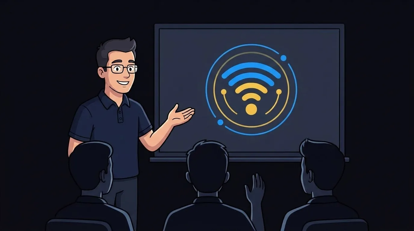 Instructor teaching a Wi-Fi class in front of a screen