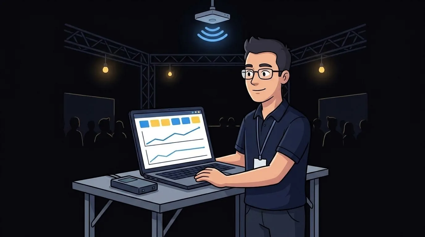 Engineer monitoring Wi-Fi performance on a laptop at a live event
