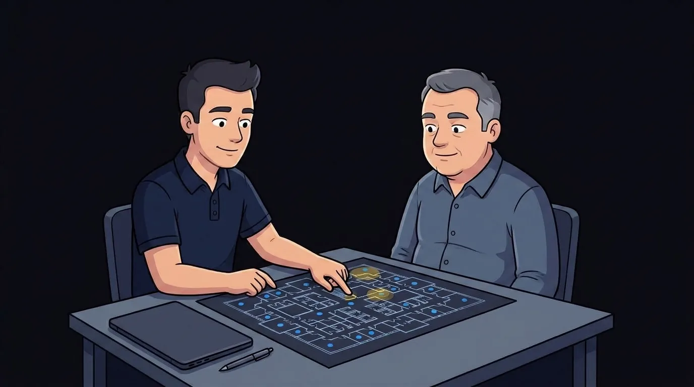 Engineer reviewing a Wi-Fi floor plan design with a client